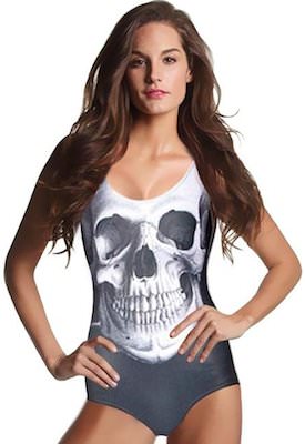 Women's one piece swimsuit with a big skull design