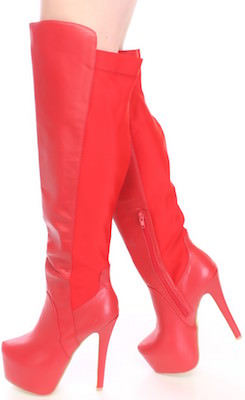 Red Faux Leather Knee High Platform Boots