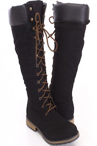 Black Lace Up Knee High Boots Nubuck