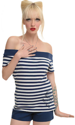 Blue And White Nautical Off Shoulder Top