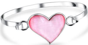 Silver Bangle Bracelet With Pink Pearl Hear