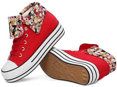 Red Canvas Sneakers With Flower Panels