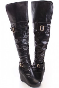 Black Print Thigh High Wedge Boots Faux Leather