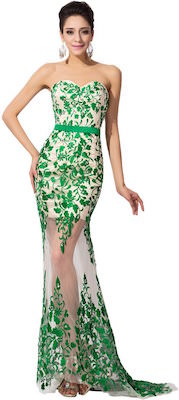 Mermaid style dress in white with green embroidery